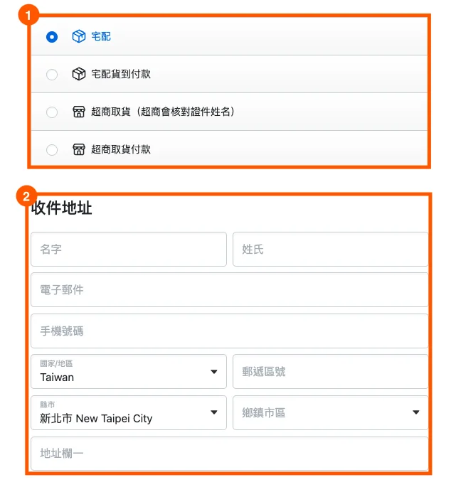 配送方式與收件地址欄位示意：先在上方選擇宅配 / 宅配貨到付款 / 超商取貨 / 超商取貨付款其中一種，再於下方填寫姓名、電子郵件、手機號碼、國家、郵遞區號、地址。